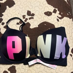 NEW PINK Victoria's Secret Black Bra with Bold Lettering